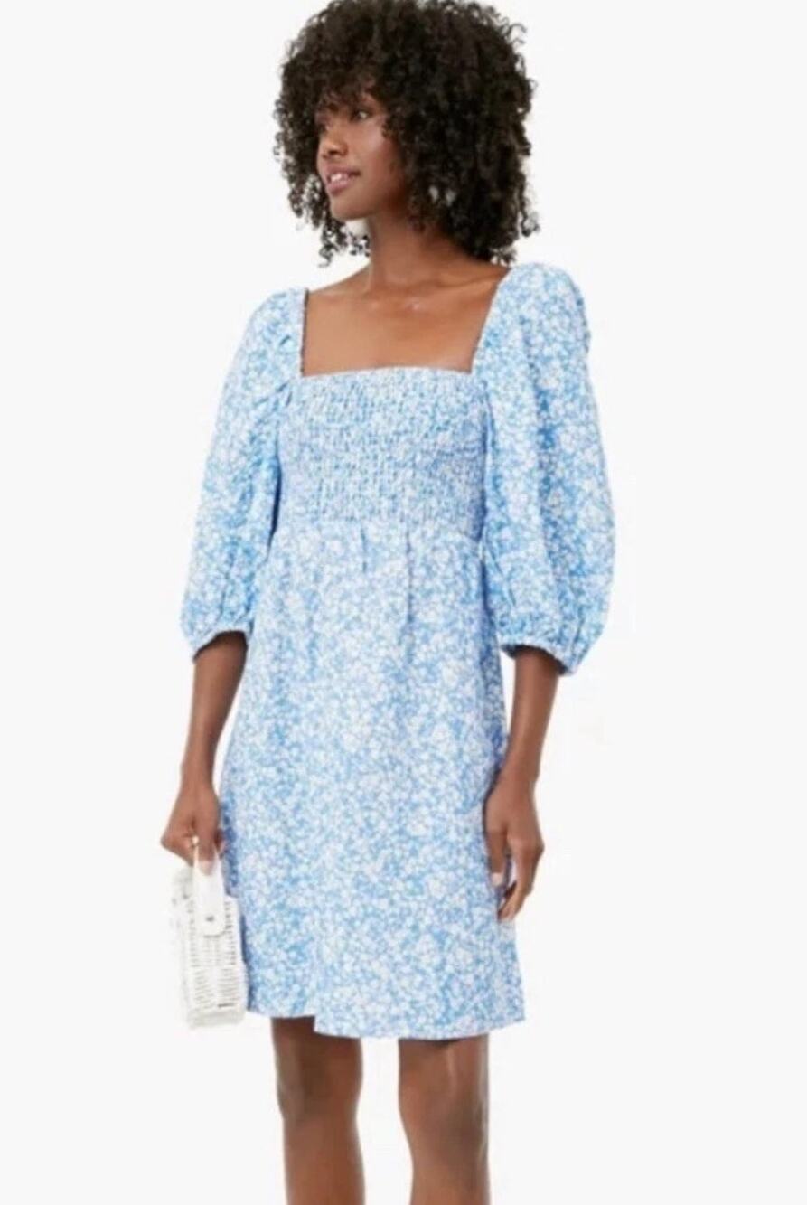 TUCKERNUCK White And Blue Floral Linen Blend Dress Size S EUC